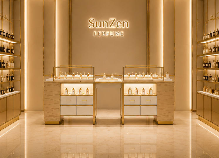 Real shot dual perfume display island inside boutique