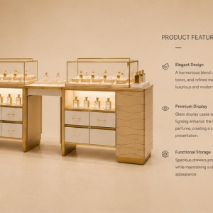 Perfume Display Island | Lit Scent Glass Cabinet - Sunzen 5 45° view lit perfume booth boutique fragrance rack set