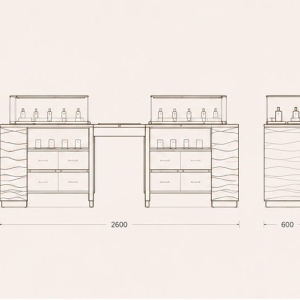 Perfume Display Island | Lit Scent Glass Cabinet - Sunzen 6 CAD drawing symmetrical perfume display island wave wood glass cabinet