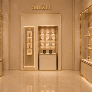Dual-Format Built-In Perfume Display Wall | Cream & Gold Showcase 3 real shot of perfume wall cabinet inside SunZen luxury fragrance boutique