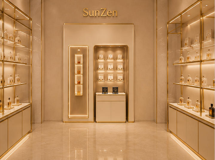 real shot of perfume wall cabinet inside SunZen luxury fragrance boutique