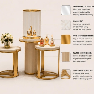 Marble Gold Display Table | Cylinder Glass Perfume Showcase - Sunzen 4 Close-up brushed gold frame natural marble top fluted texture cylinder transparent glass cover