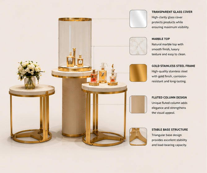 Close-up brushed gold frame natural marble top fluted texture cylinder transparent glass cover