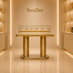 Gold Leg Perfume Island | Glass Top Central Fragrance Table - Sunzen 3 Front real shot gold leg perfume island inside luxury fragrance retail boutique