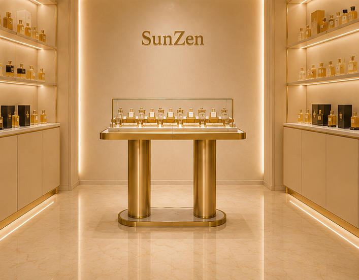 Front real shot gold leg perfume island inside luxury fragrance retail boutique