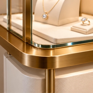 Mixed-Height Gold and White Jewelry Display Console | Tower + Case Set 5 Champagne gold stainless steel jewelry showcase detail