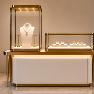 Mixed-Height Gold and White Jewelry Display Console | Tower + Case Set 6 Luxury jewelry display counter with showcase tower side view