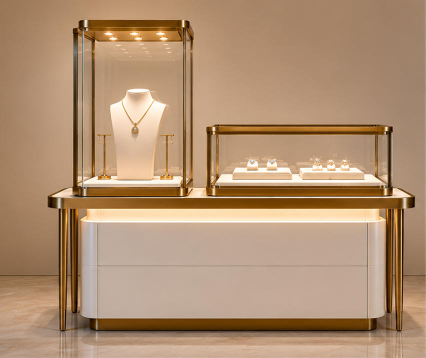 Luxury jewelry display counter with showcase tower side view