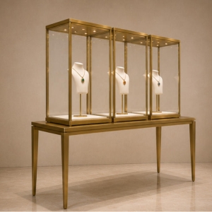 Triple Gold Tower Jewelry Display Console | 3 Showcase Set 6 Luxury jewelry tower showcase side angle view
