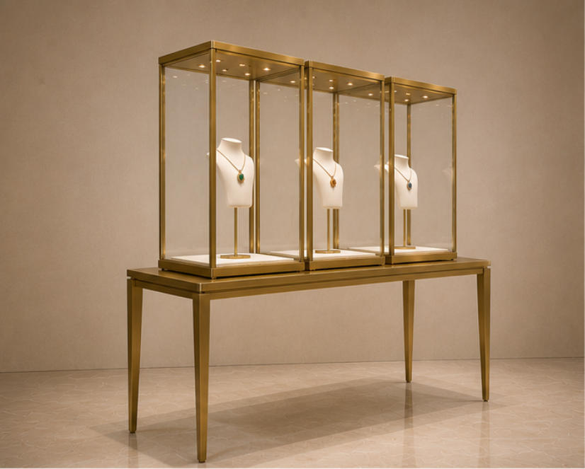 Luxury jewelry tower showcase side angle view
