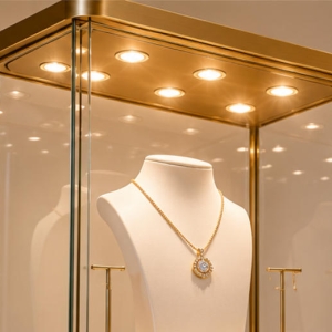 Mixed-Height Gold and White Jewelry Display Console | Tower + Case Set 4 LED illuminated jewelry display tower