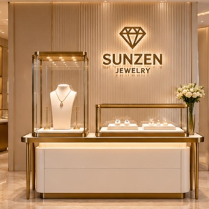 Mixed-Height Gold and White Jewelry Display Console | Tower + Case Set 3 Luxury jewelry store interior with display counter showcase