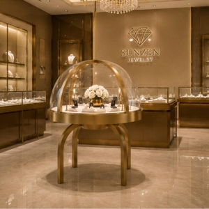 Round Dome Jewelry Display Table | Gold Framed Showcase 3 Luxury jewelry boutique with dome display showcase