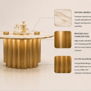Round Marble Perfume Island | Fluted Gold Central Fragrance Table - Sunzen 4 Close-up natural marble top and vertical fluted brushed gold base for scent island