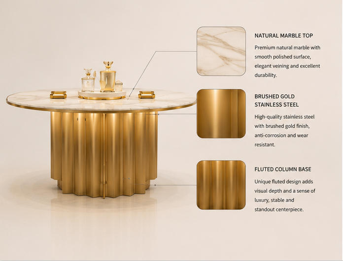 Close-up natural marble top and vertical fluted brushed gold base for scent island
