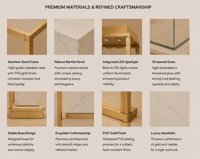 Close-up natural marble texture and polished gold frame for fragrance plinth