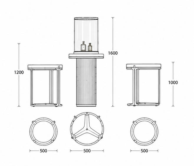 CAD drawing three-piece marble gold display set central cylinder glass showcase fluted pedestal round side tables
