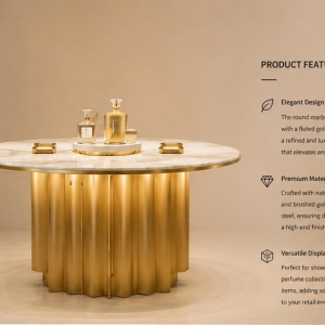 Round Marble Perfume Island | Fluted Gold Central Fragrance Table - Sunzen 5 45° oblique view fluted gold central fragrance pedestal with selling feature labels