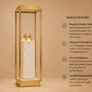 Marble Perfume Pedestal | Gold Frame Tall Backlit Scent Vitrine - Sunzen 5 45 degree side view gold frame marble perfume pedestal with feature labels