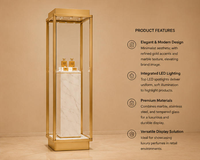 45 degree side view gold frame marble perfume pedestal with feature labels