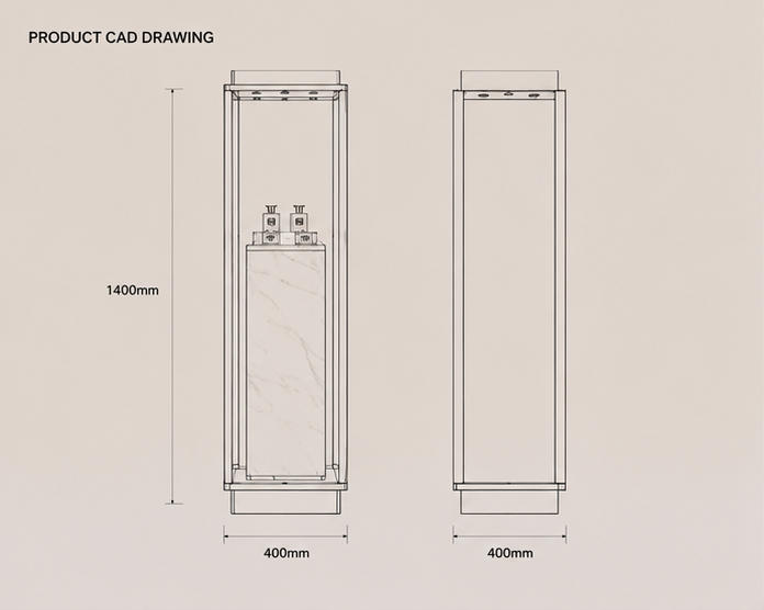 CAD drawing tall marble perfume pedestal gold frame backlit scent display tower