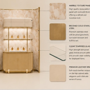 Curved Marble Perfume Wall | Ribbed Base Gold Frame Fragrance Station - Sunzen 4 Close-up natural marble vein, ribbed texture base and polished gold frame for scent wall