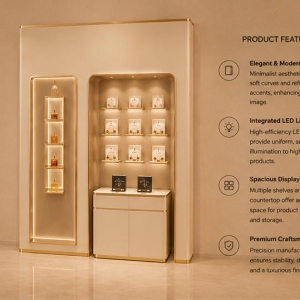 Dual-Format Built-In Perfume Display Wall | Cream & Gold Showcase 5 degree side view luxury perfume wall cabinet with English feature introduction labels