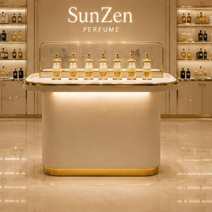 Gold Trim Perfume Counter | Backlit Luxury Scent Showcase - Sunzen 3 Front real shot oval gold trim backlit perfume display counter inside premium perfume boutique