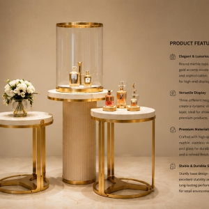 Marble Gold Display Table | Cylinder Glass Perfume Showcase - Sunzen 5 45° oblique view luxury fluted pedestal perfume focal display set selling feature labels