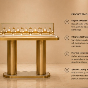 Gold Leg Perfume Island | Glass Top Central Fragrance Table - Sunzen 5 45° side view gold leg central fragrance table with feature text labels