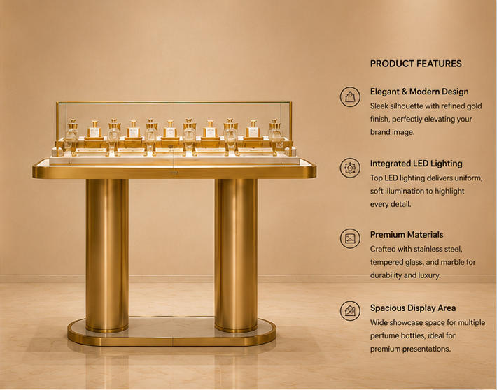 45° side view gold leg central fragrance table with feature text labels