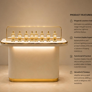 Gold Trim Perfume Counter | Backlit Luxury Scent Showcase - Sunzen 5 45° oblique view backlit cream luxury scent kiosk gold rail guard perfume showcase feature labels