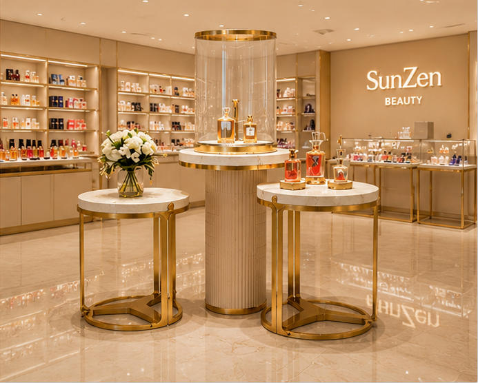 Front real shot marble gold three-piece perfume display set inside premium skincare boutique