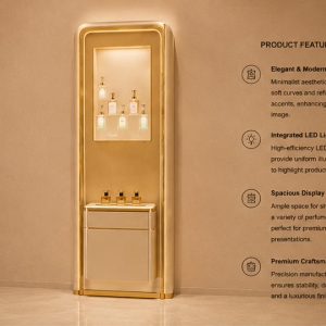 Tall Recessed Perfume Cabinet | Backlit Gold Trim Vertical Scent Vitrine - Sunzen 5 45 degree side view tall recessed perfume cabinet marked with core selling feature text