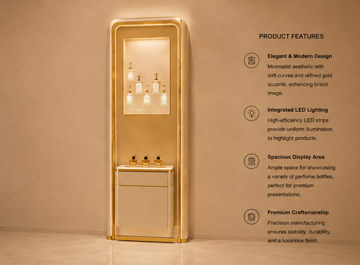 45 degree side view tall recessed perfume cabinet marked with core selling feature text