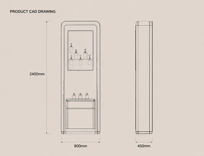 CAD drawing tall recessed single niche gold trim backlit perfume wall cabinet storage base
