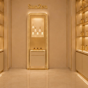 Tall Recessed Perfume Cabinet | Backlit Gold Trim Vertical Scent Vitrine - Sunzen 3 Front full real shot tall recessed backlit perfume cabinet installed inside niche perfume boutique