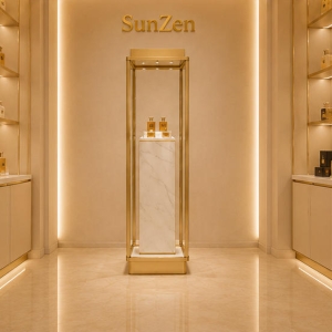 Marble Perfume Pedestal | Gold Frame Tall Backlit Scent Vitrine - Sunzen 3 Front real shot tall marble perfume display tower inside luxury perfume shop