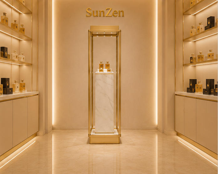 Front real shot tall marble perfume display tower inside luxury perfume shop