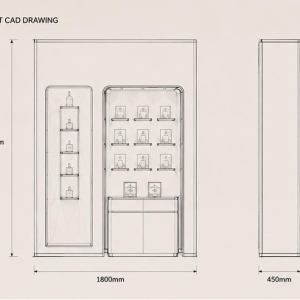 Dual-Format Built-In Perfume Display Wall | Cream & Gold Showcase 6 structural drawing of gold framed backlit luxury perfume wall cabinet multi niche layout