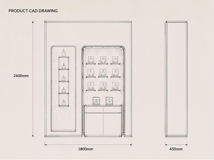 structural drawing of gold framed backlit luxury perfume wall cabinet multi niche layout