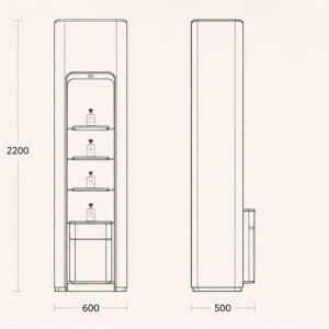 Tall Vertical Scent Tower | Slim Backlit Perfume Rack - Sunzen 6 CAD drawing tall vertical scent tower gold trim backlit niche perfume rack with storage cabinet