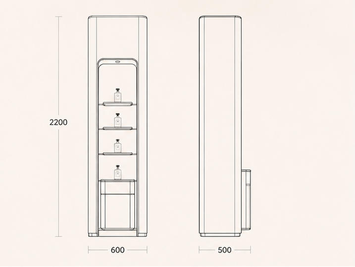 CAD drawing tall vertical scent tower gold trim backlit niche perfume rack with storage cabinet