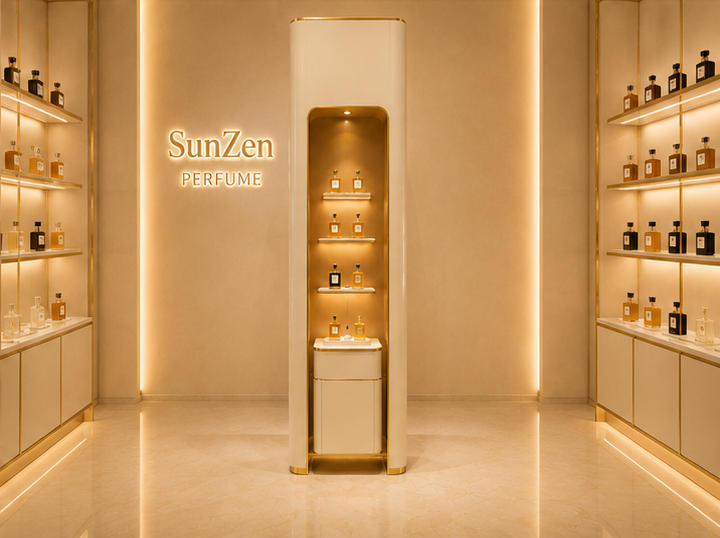 Front real shot tall vertical scent tower installed inside niche perfume boutique