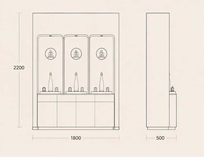 CAD drawing triple curved niche wood back perfume wall gold frame full storage cabinet