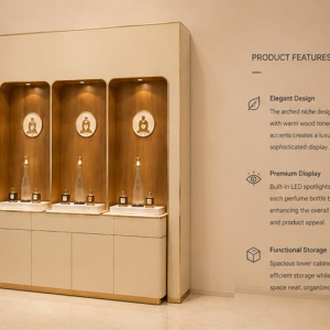 Triple Niche Perfume Wall | Wood Back Built-In Fragrance Station - Sunzen 5 45° oblique view triple niche built-in fragrance station with feature text labels