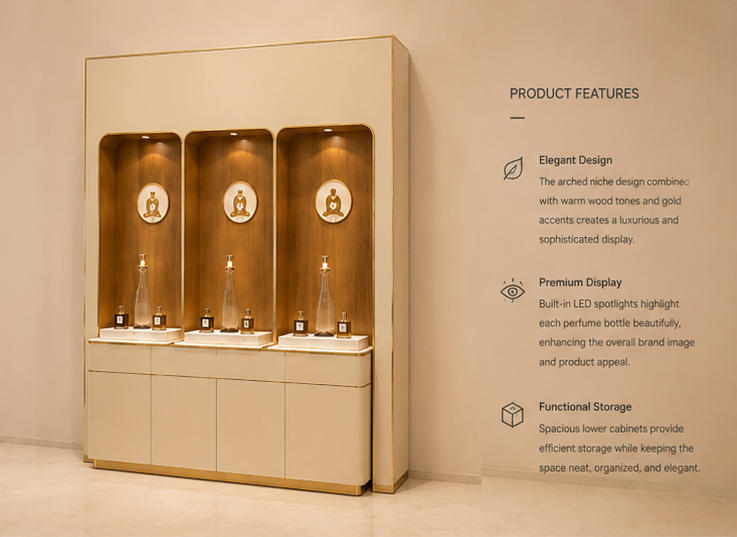 45° oblique view triple niche built-in fragrance station with feature text labels
