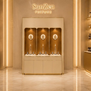 Triple Niche Perfume Wall | Wood Back Built-In Fragrance Station - Sunzen 3 Front real shot triple niche wood back perfume wall inside luxury perfume boutique