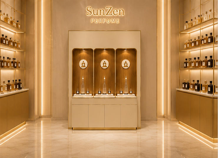Front real shot triple niche wood back perfume wall inside luxury perfume boutique