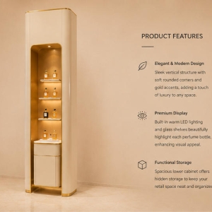 Tall Vertical Scent Tower | Slim Backlit Perfume Rack - Sunzen 5 45° oblique view narrow wall perfume stand with English selling feature labels